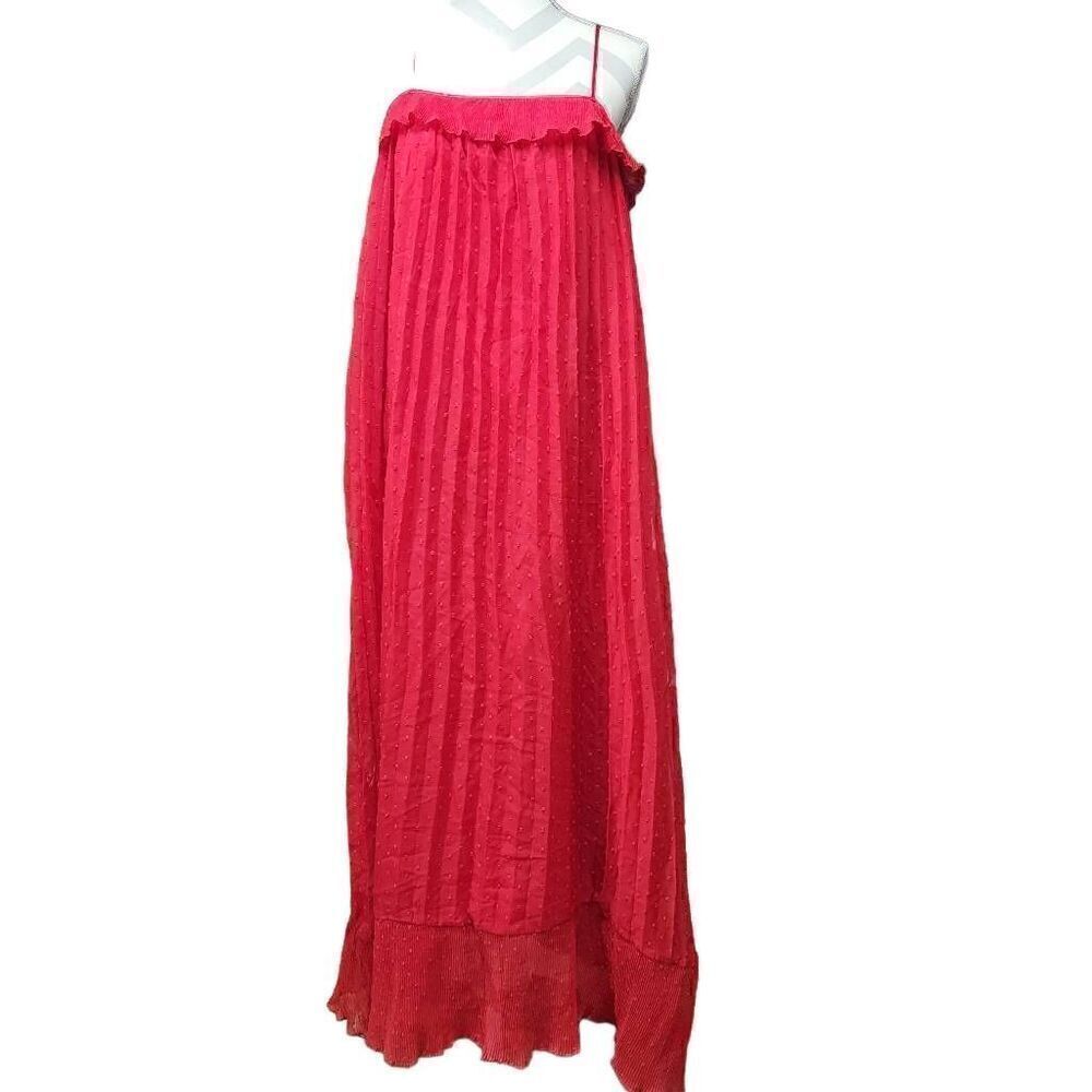 Free Generation Size Large Red Micro Pleat Swiss Dot Ruffle Maxi Dress G8